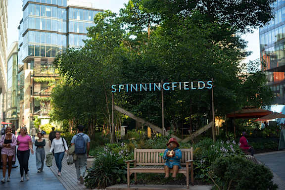 A Spinningfields sign at Fairfax Apartments, Manchester