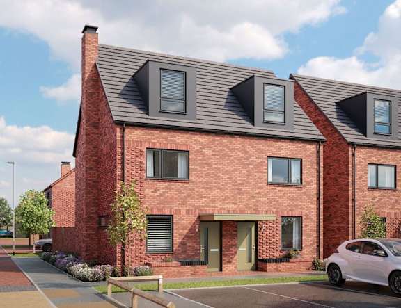 A red brick house with a white car parked in front at The Woodlands Apartments, Milton Keynes, MK5 6GS