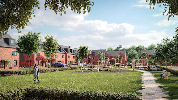 A park with a person riding a scooter and a playground with a slide. at The Woodlands Apartments, Milton Keynes
