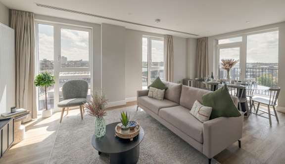 Living room with attached balcony and natural light at The Lark, London