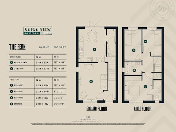 The Fern 906 SQFT Floorplans at UnionView Apartments, Dartford, KENT DA2 6GZ