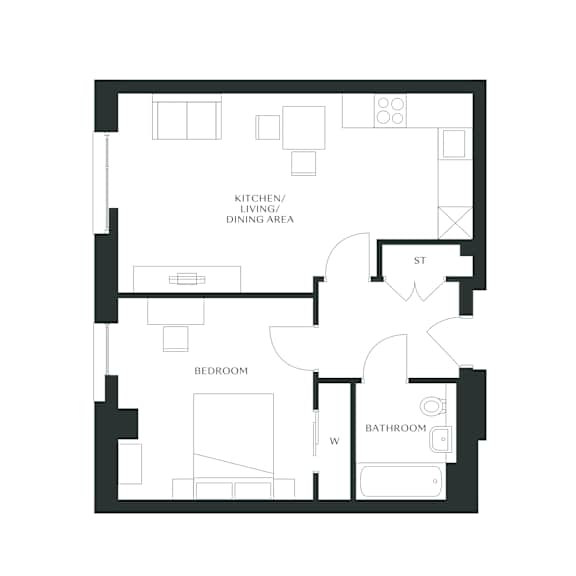 A floor plan of a house with a kitchen, living room, dining area, bedroom, and bathroom.