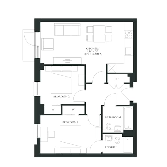 A floor plan of a house with a kitchen, two bedrooms, a bathroom, and an en suite.