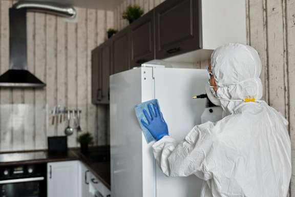 A person in a white suit and blue gloves is opening a white refrigerator.