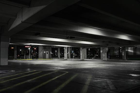 A parking garage with yellow lines on the ground.