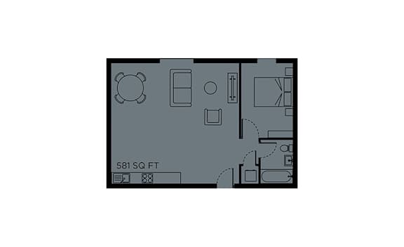 A floor plan of a 581 square foot apartment.