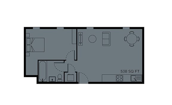 A floor plan of a 538 square feet room with a kitchen, living room, dining room, and bathroom.