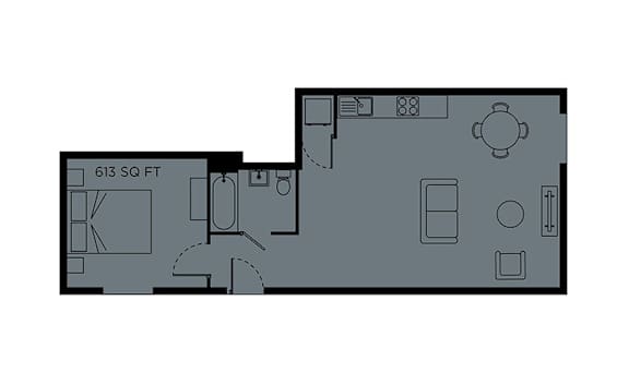 A floor plan of a house with a kitchen area and a living room.