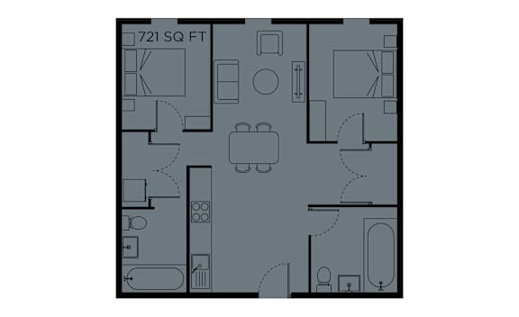 A floor plan of a 721 square foot apartment.