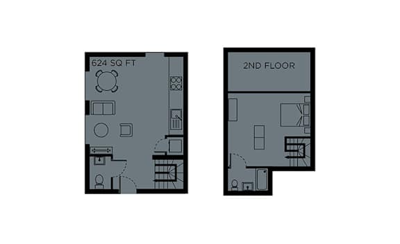 A floor plan of a 2nd floor apartment with a total area of 624 square feet.