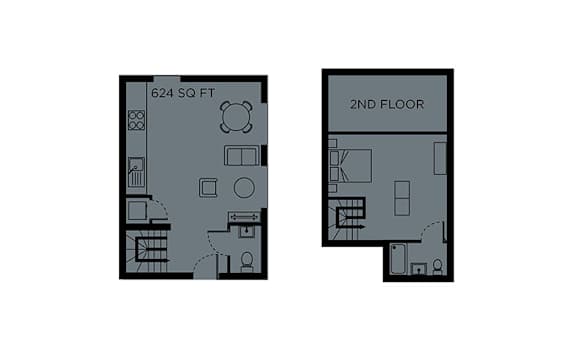 A floor plan of a 2nd floor apartment with a total area of 624 square feet.