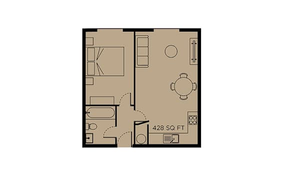 A floor plan of a 428 square feet apartment.