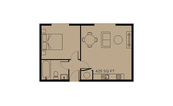 A floor plan of a 425 square feet apartment.