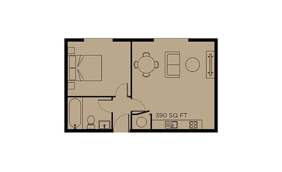 A floor plan of a 390 square foot apartment.