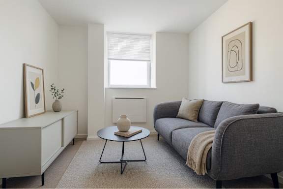 A living room with a grey couch, a coffee table, and a window.