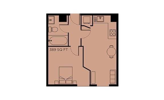 A floor plan of a room with a kitchen area and a bathroom.