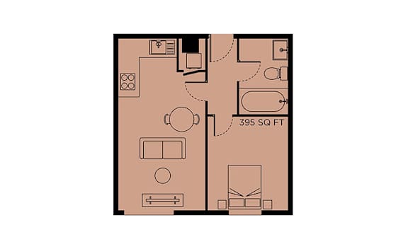 A floor plan of a room with a kitchen area and a living room.