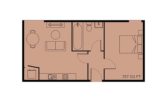 A floor plan of a 357 square feet apartment.