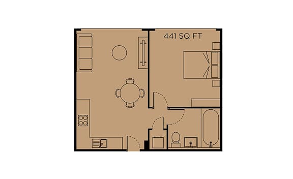 A floor plan of a 441 square foot room with a kitchenette and a living room.