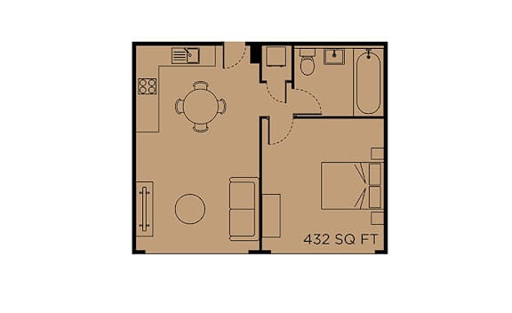 A floor plan of a 432 square foot room with a kitchenette, living room, and bathroom.