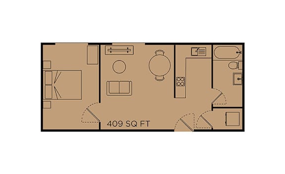 A floor plan of a 409 square feet apartment.