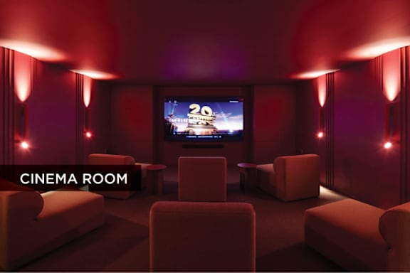 A cinema room with a screen displaying the number 20.