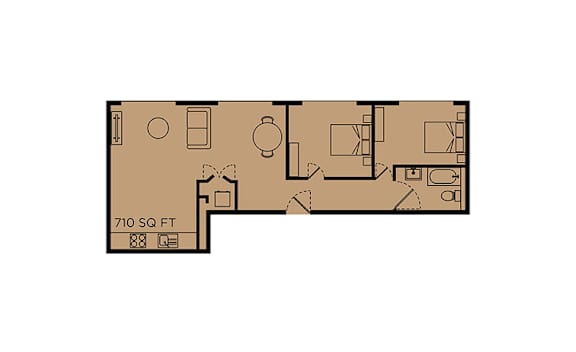 A floor plan of a house with a living room, two bedrooms, a bathroom, and a kitchen.