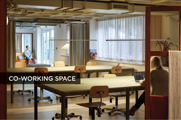 A woman is working on her laptop in a co-working space.