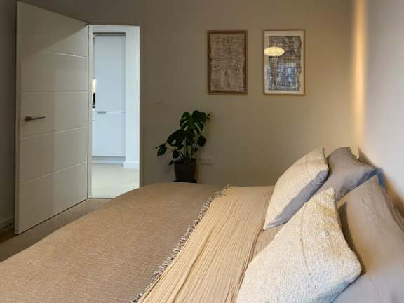 A bedroom with a bed, pillows, a plant, and pictures on the wall.
