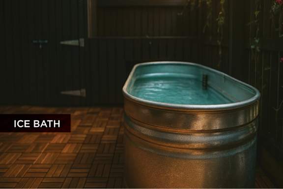 A metal tub filled with ice sits on a wooden floor.