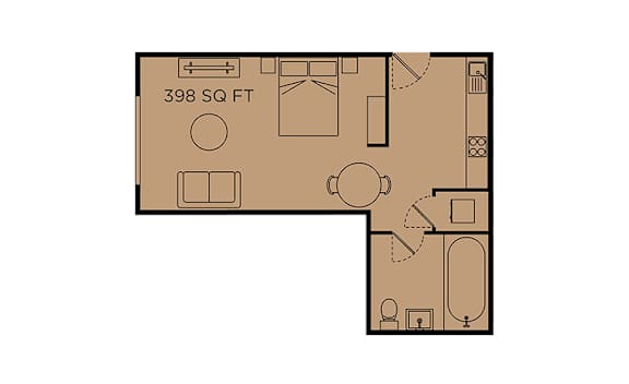 A floor plan of a 398 square foot room with a kitchenette, living room, and two bedrooms.