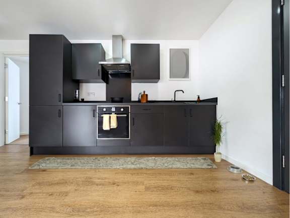 A modern kitchen with black cabinets and a wooden floor.
