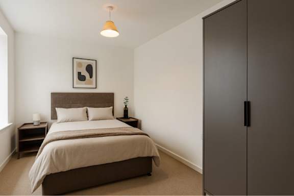 A bedroom with a bed, nightstands, and a framed picture on the wall.