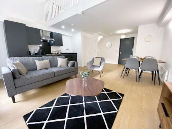A modern living room with a grey sofa and a black and white rug.