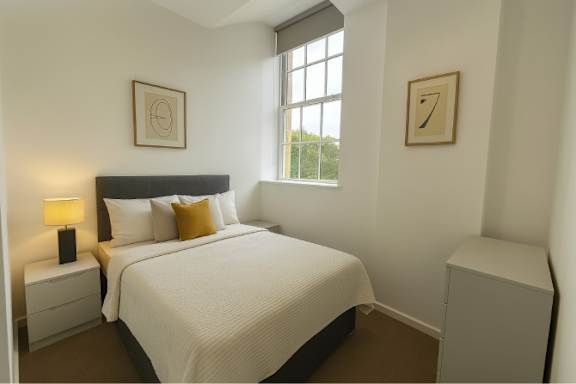 A bedroom with a large bed and a window.