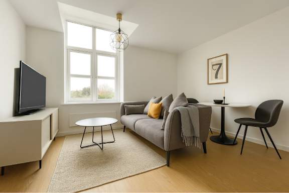 A living room with a grey couch, a black chair, a white table, and a television.