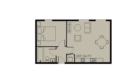A floor plan of a 455 square feet apartment.