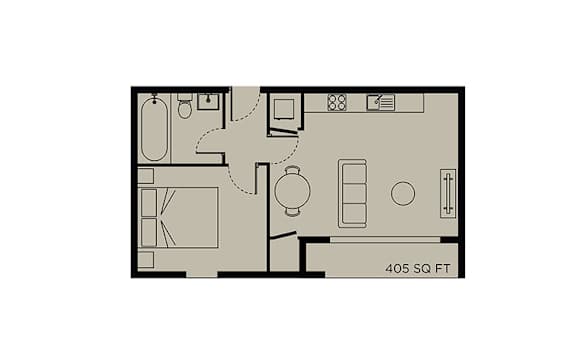 A floor plan of a 405 square feet apartment.