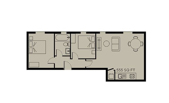 A floor plan of a 555 square foot apartment.