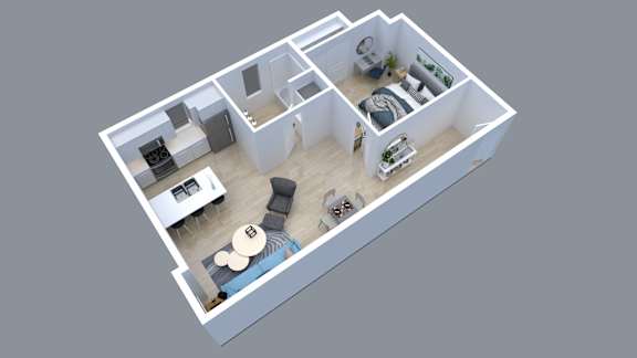 A 3D rendered image of a house layout.