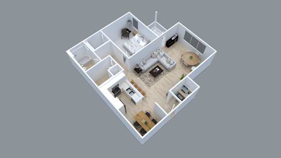 A top down view of a house layout with a kitchen, living room, and two bedrooms.