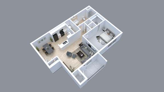 A 3D floor plan of a house with a kitchen, living room, and two bedrooms.