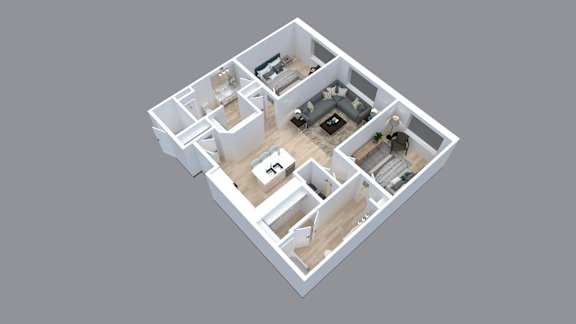 A 3D floor plan of a house with multiple rooms.
