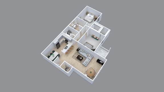 A 3D floor plan of a house with multiple rooms.
