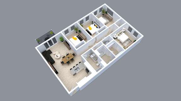 A 3D floor plan of a house with a kitchen, living room, dining room, and two bedrooms.