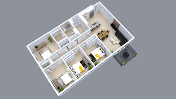 A 3D floor plan of a house with multiple rooms.
