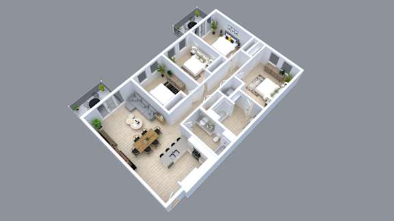 A 3D floor plan of a house with a kitchen, living room, dining room, and two bedrooms.