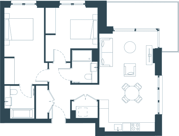 A floor plan of a house with a kitchen, living room, and bathroom.
