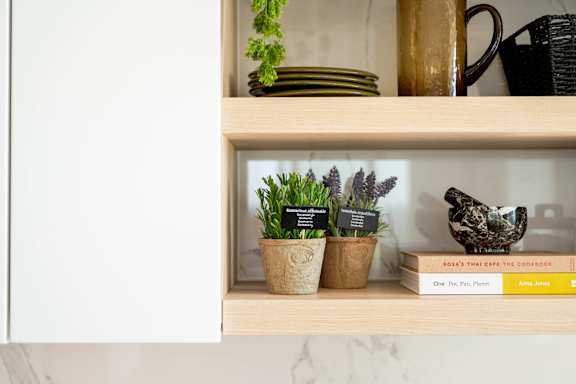 A shelf with a book titled "One Pan, Pan Flat" and a plant in a pot.