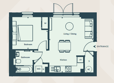 A floor plan of a house with a living/dining area, kitchen, bedroom, and bathroom.